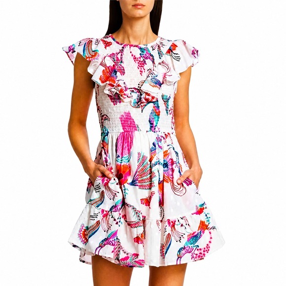 Banjanan Dresses & Skirts - Banjanan Ilona Mini Dress Womens M White Birdie Print Smocked Ruffle Pink Boho